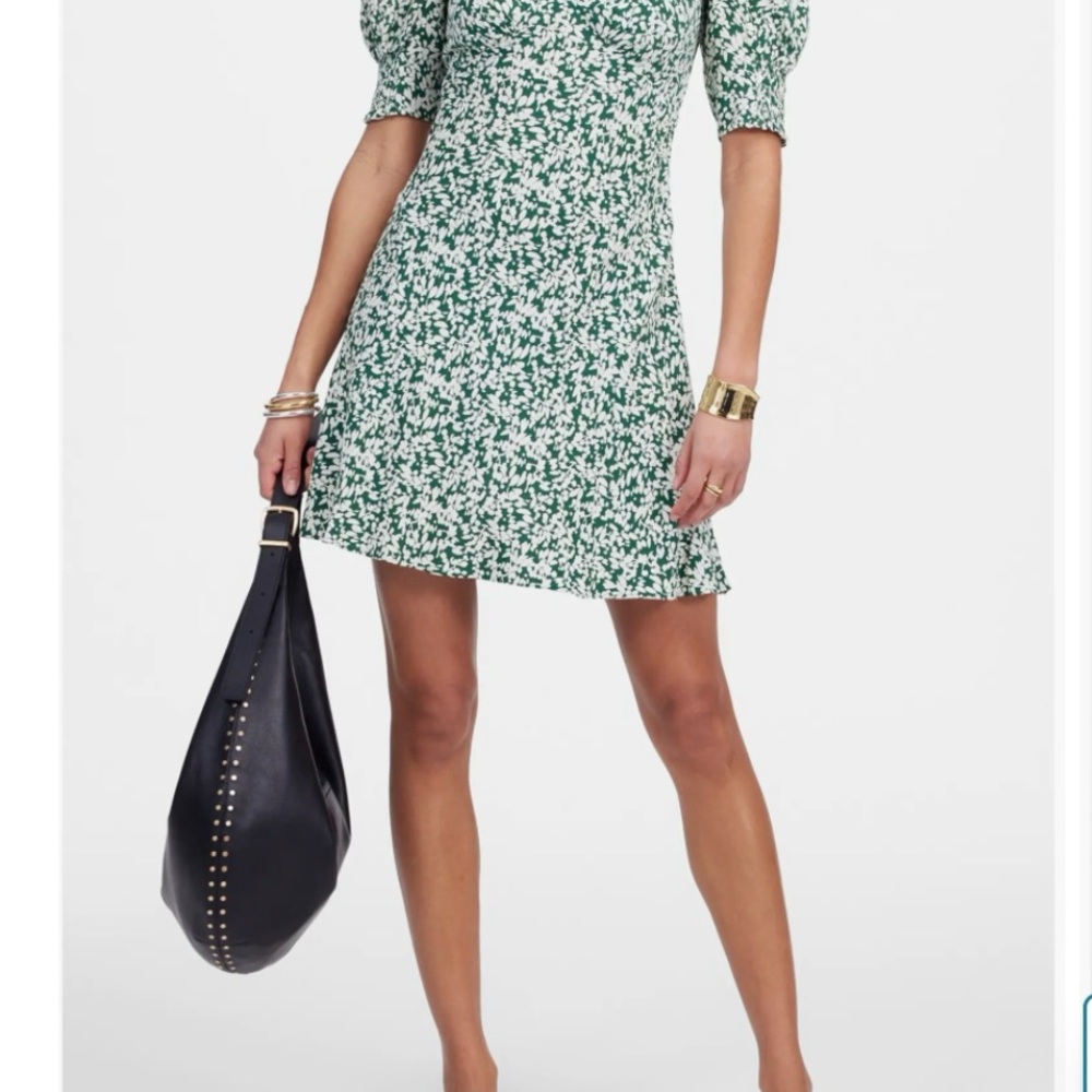 Madewell Green and White Floral Puff-Sleeve Mini Dress